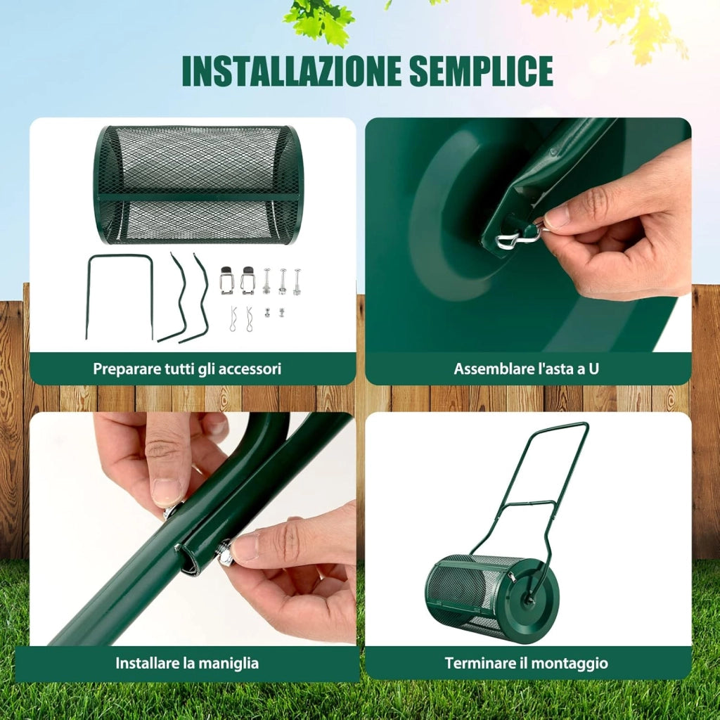 Spandiconcime da 60,5 cm, Rullo da Giardino con Impugnatura Pratica Chiusure Laterali e Rete in Metallo per Concimazione e Semina, Rullo Spandiconcime per Prato Giardino, Verde
