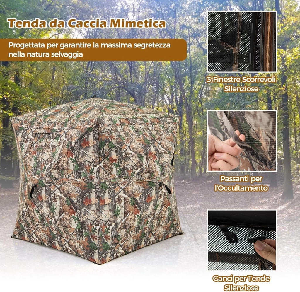 Tenda da Caccia per 2-3 Persone, Tenda Mimetica a Visione a 360° per Caccia, Tenda Pop-Up Camouflage con Borsa da Trasporto, Apribile Completamente da 1 Lato, 148 x 148 x 170 cm