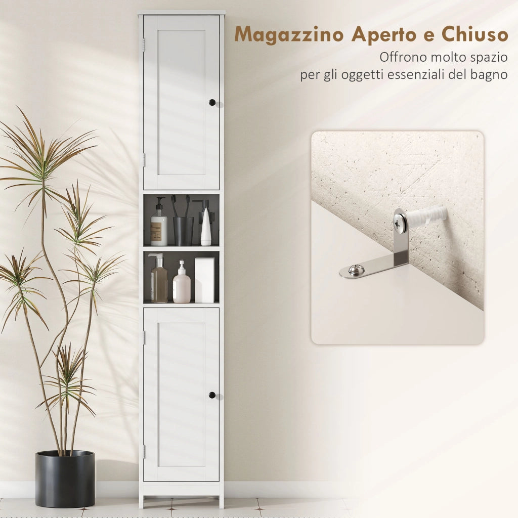 Armadietto Bagno Alto con 2 Ripiani Aperti e 2 Ante ¨C Zephmum ¨C Legno Bianco 30x30x170 cm