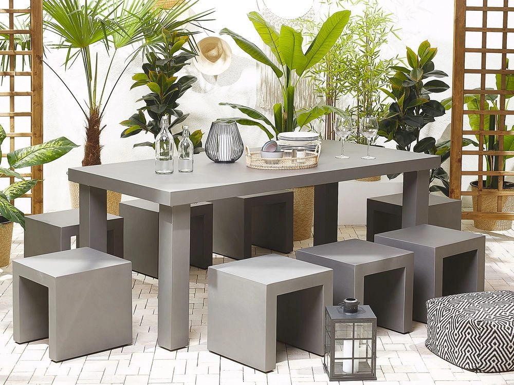 Set da pranzo da giardino Tavolo rettangolare in cemento grigio 6 sgabelli 6 posti resistente all'acqua