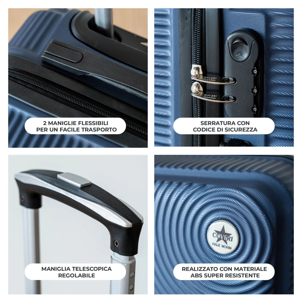Coveri Set Di 3 Valigie Rigide ABS Valigia Da Viaggio Con Chiusura Lucchetto Combinazione Grande Media Piccola Forti Resistenti Manico Telescopico Ruote Staccabili Trolley Blu