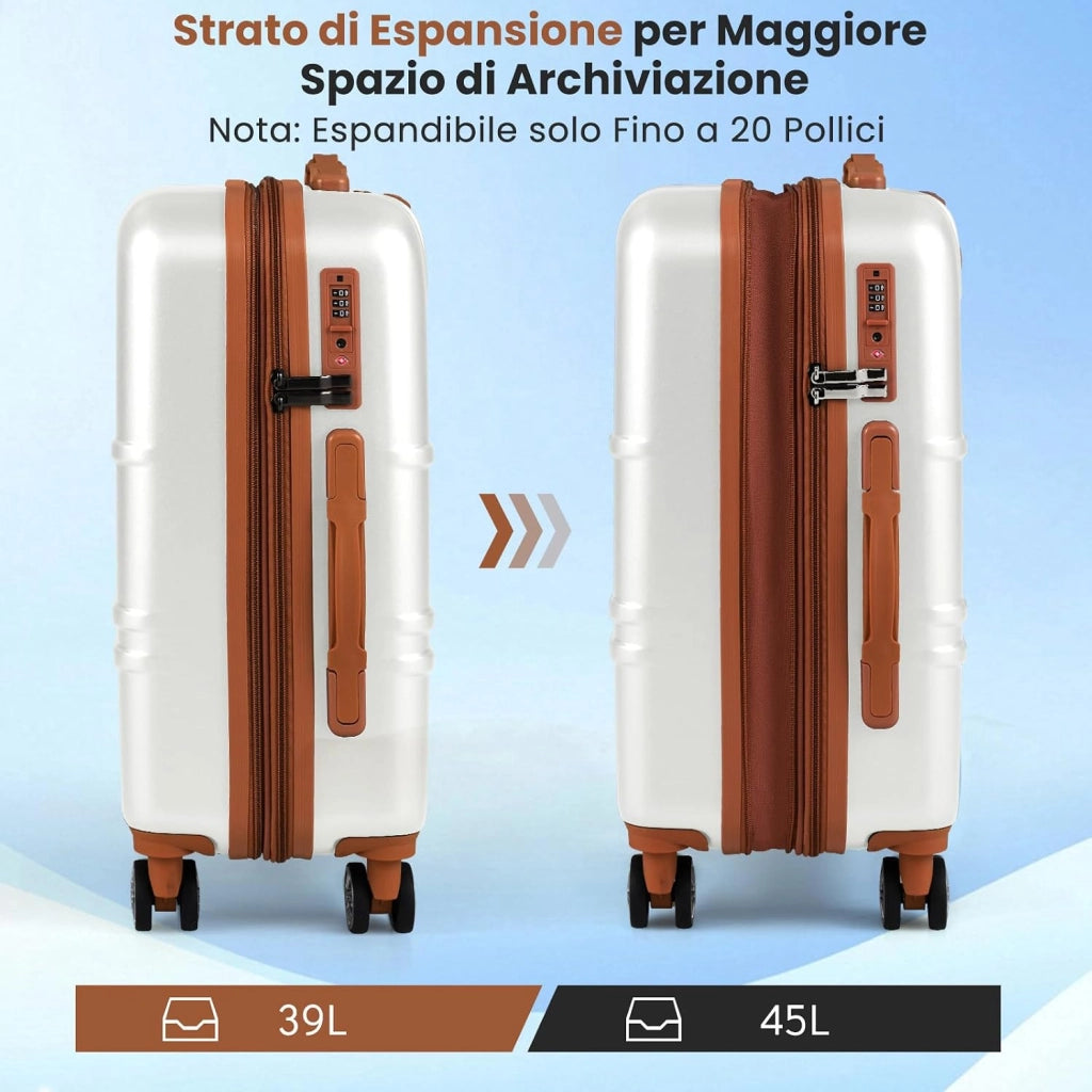 Set di Valigie Rigide 3 Pezzi, Set Valigia da Viaggio in ABS con TSA Lucchetto, Manico Telescopico in Alluminio e Ruote Piroettanti, 20", 24", 28" (Bianco)