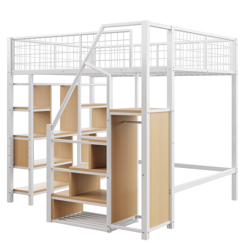 OKWISH Letto a Soppalco 140×200 cm, Letto Matrimoniale con Scala Contenitore, Mensole e Vani Portaoggetti, senza Materasso, Metallo e Legno, Bianco