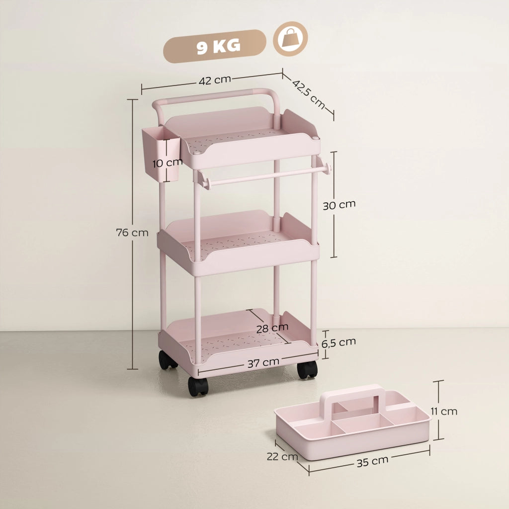 Carrello Portautensili a 3 Livelli con Cestini ¨C Minimal ¨C Rosa 50x50x100 cm