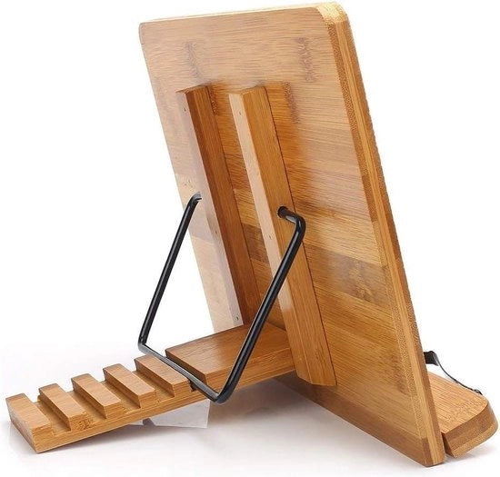 Supporto per Libri in Bambù - Registrazione Ricette con Supporti di Pagina in Metallo - Display per la Cucina - Libri di Ricette per iPad Tavola - 335 x 24 cm