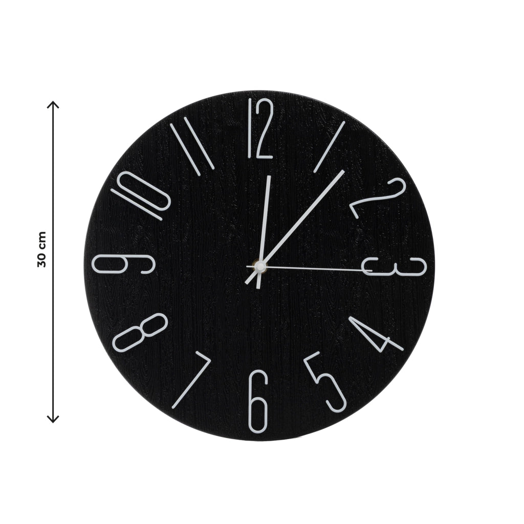 Orologio da Parete Nasvin 30 cm Effetto Legno Nero con Numeri Bianchi Design Moderno Minimalista per Soggiorno Cucina Ufficio