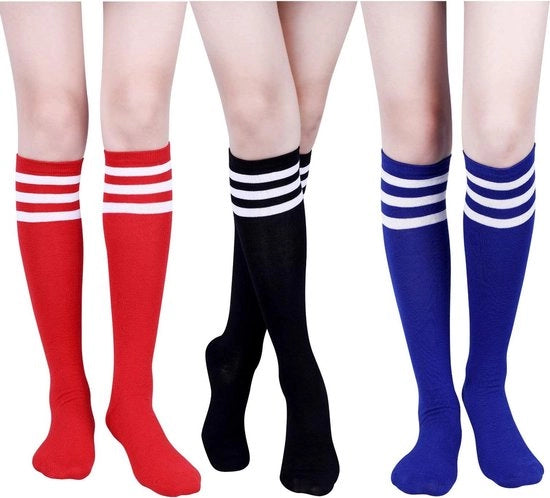 Sokke in set da 3 con righe triple per donne - Alta gamba - Calze a compressione con tessuto di cotone morbido - 3 colori