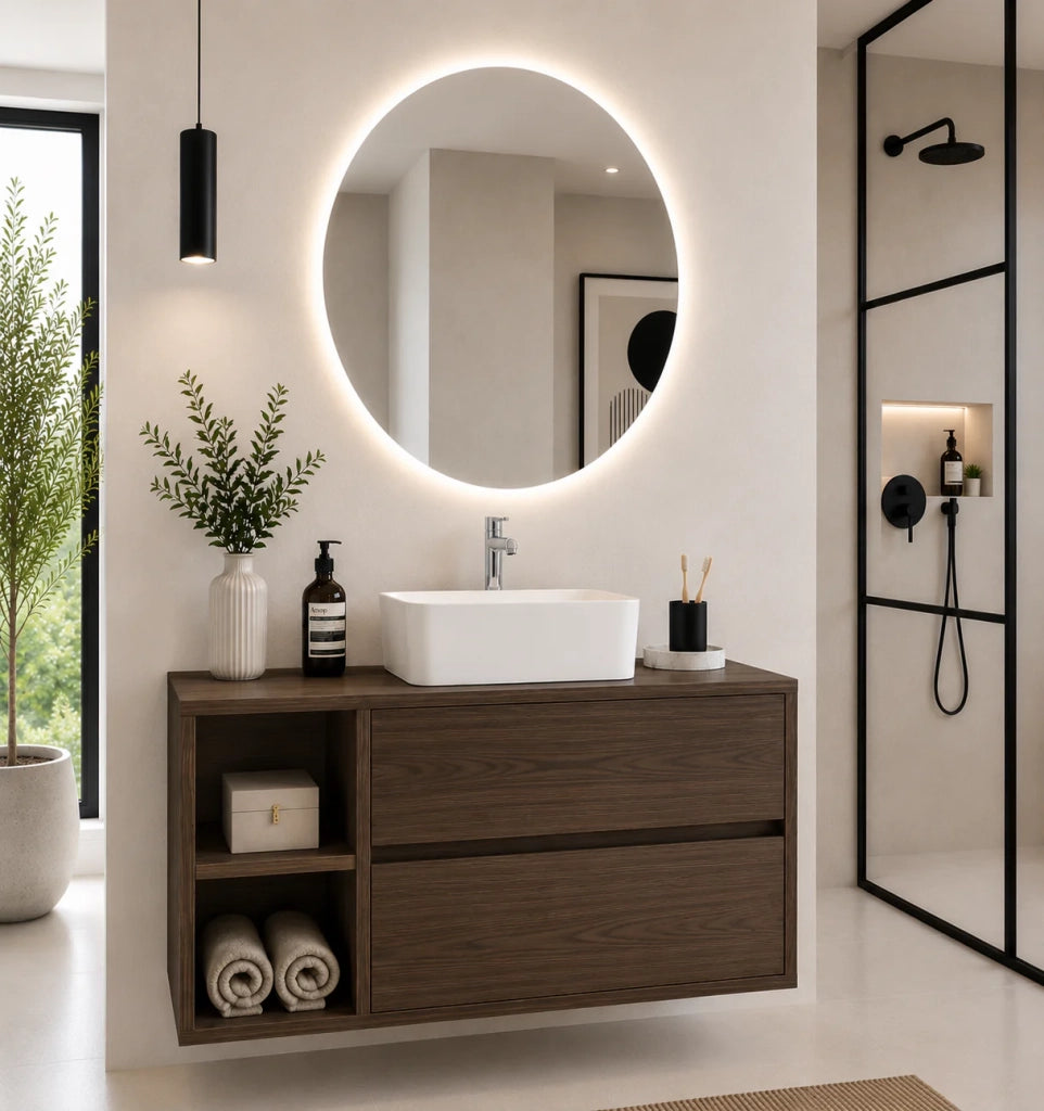 Mobile bagno con top in legno e lavabo da appoggio ORIGENBATH ZEUS senza specchio 80x45 cm Sinistra frassino tea