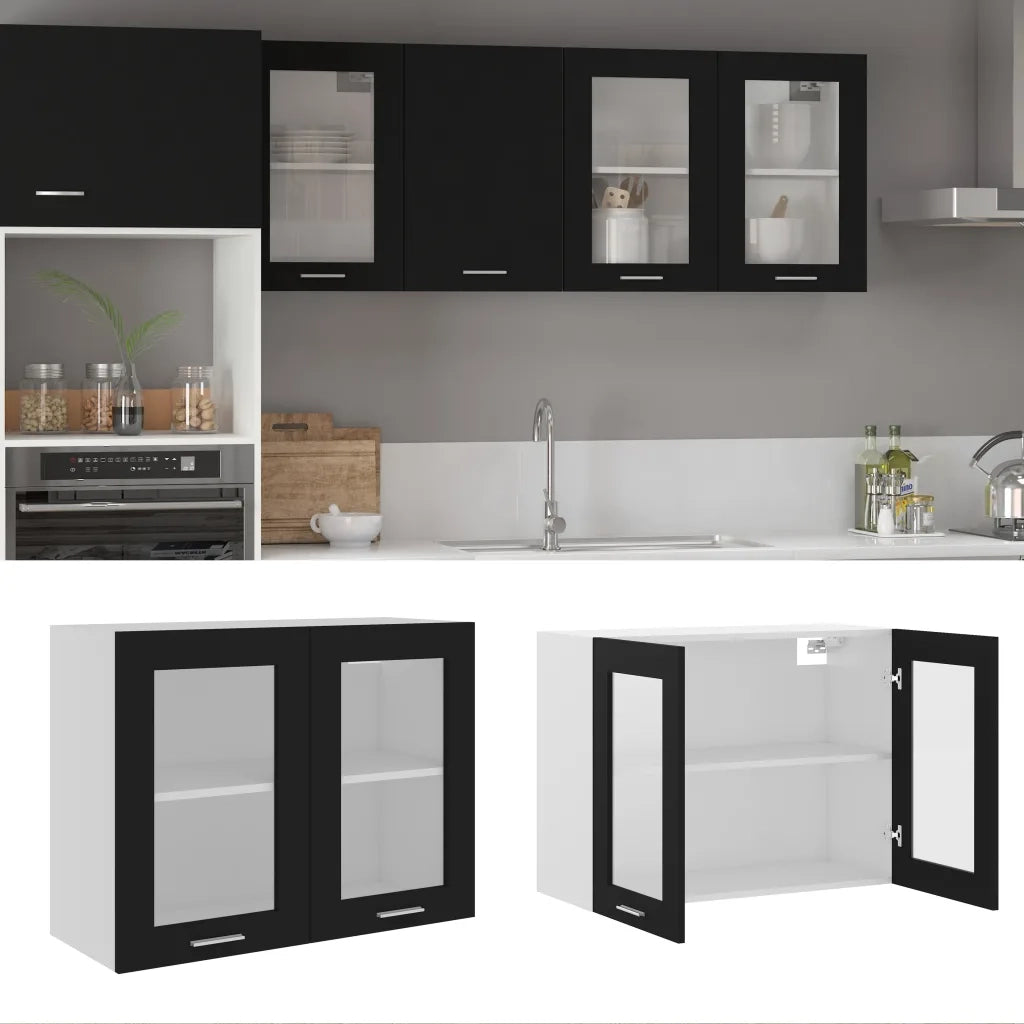 Armadio pensile | Mobile Pensile con Vetro ¡°Lyon¡± Nero 80x31x60 cm