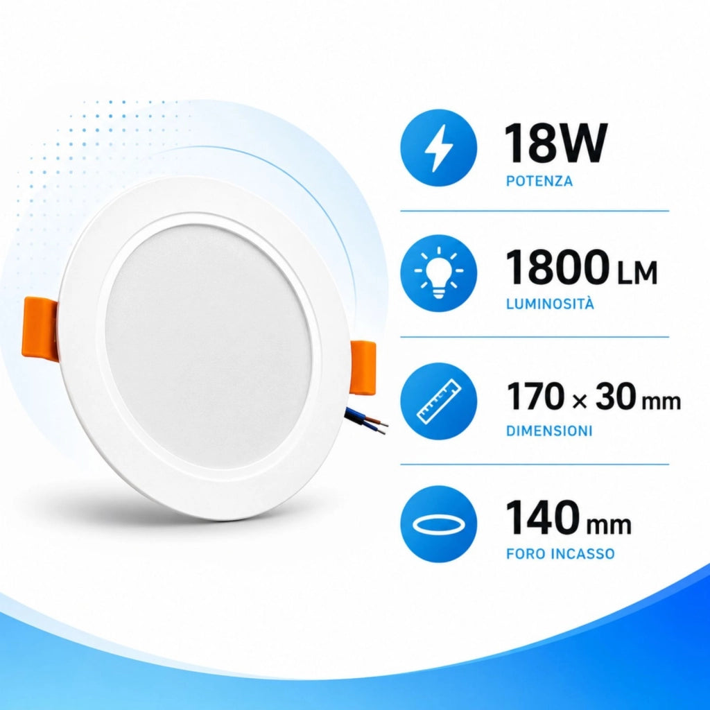 Faretto Led da Incasso CCT 18W 1800lm, D170X30mm, Foro 140mm, 3 Colori 3000K 4200K 6500K Angolo 120° IP20