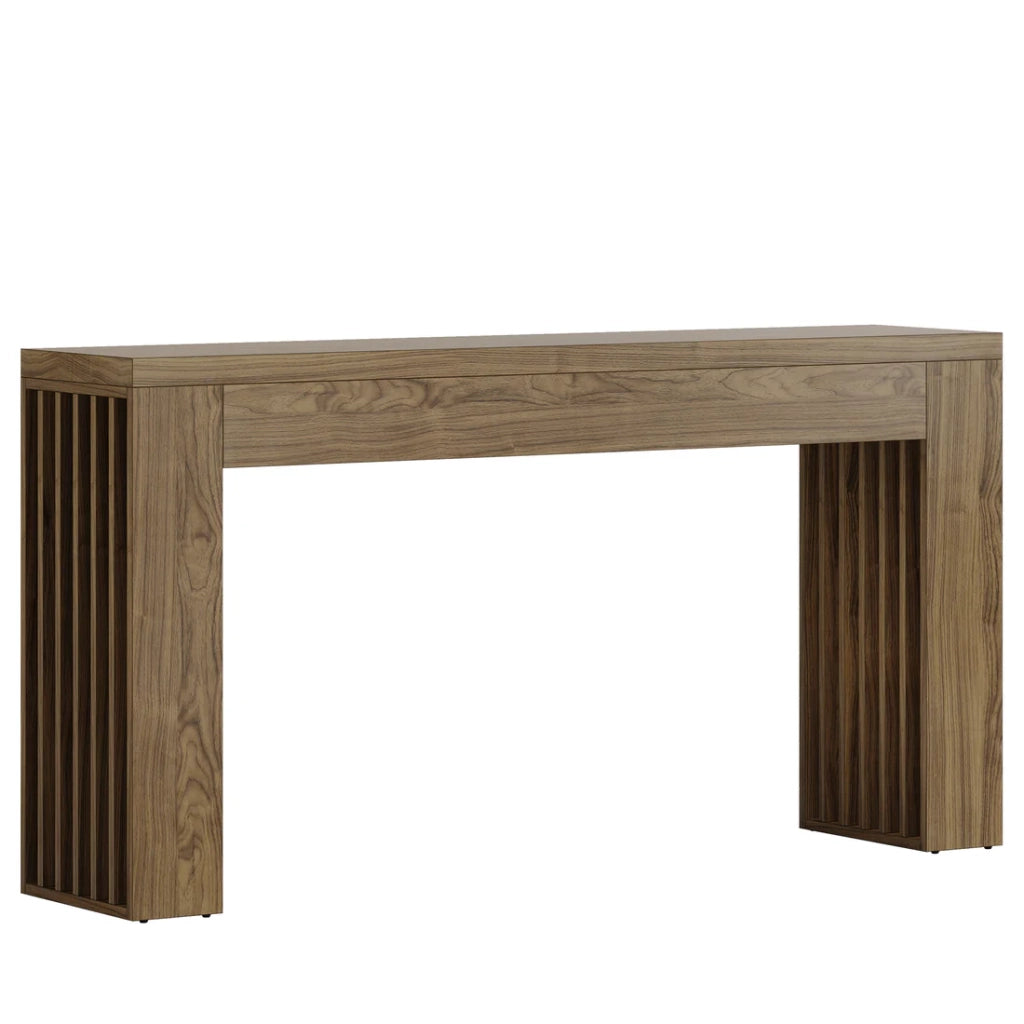 Consolle in MDF marrone stile farmhouse con ampio piano e dettagli a lamelle per ingresso e soggiorno 150 cm