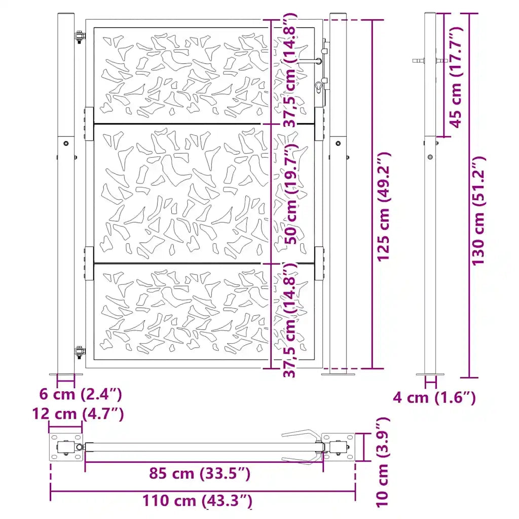 Cancello da giardino nero 100x125 cm in acciaio con design a foglia 4100960