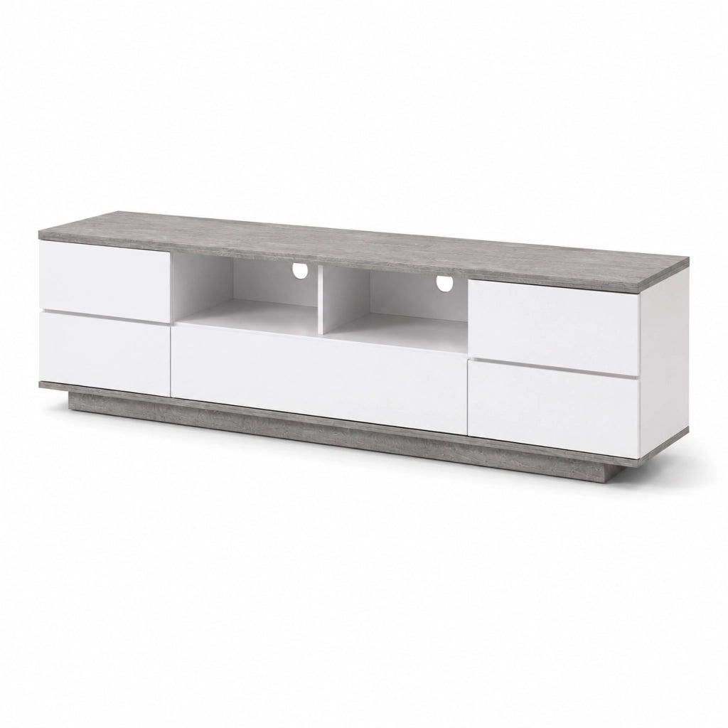Mobile TV Moderno In MDF Con 4 Ante Anta A Ribalta 2 Vani A Giorno Passacavi Mobile Porta Televisore Per Soggiorno Living Salotto Design Funzionale E Contemporaneo 180 x 38 x 46 Cm Bianco E Grigio Cemento