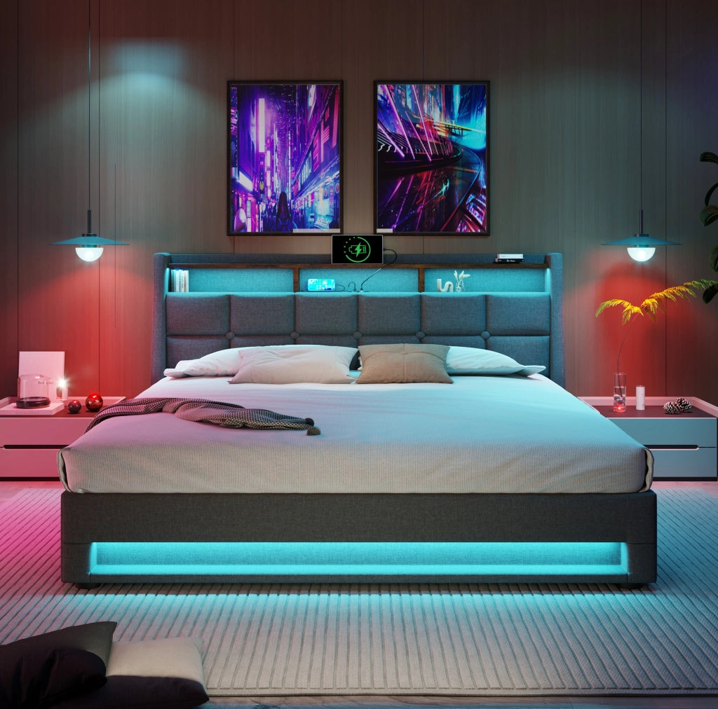 Letto matrimoniale 180x200 cm in tessuto effetto lino grigio con LED; USB e contenitore