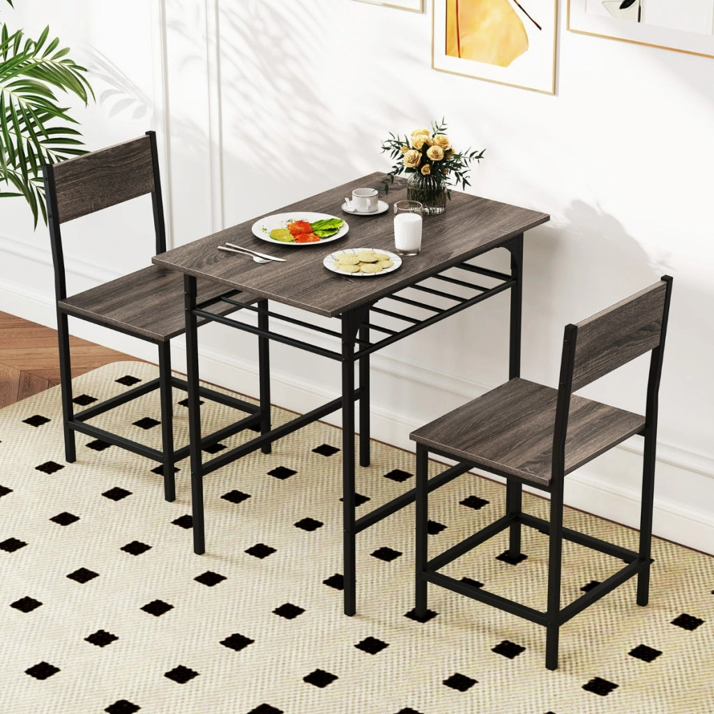 Set da 3 pezzi di tavolo e sedie con struttura in metallo e ripiano di stoccaggio, Set da pranzo per piccoli spazi Grigio-Tavoli e sedie da pranzo