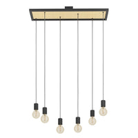 Lampadario A Sospensione Vintage Consett Acciaio Nero Legno 6 Luci E27