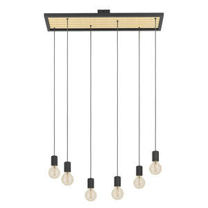 Lampadario A Sospensione Vintage Consett Acciaio Nero Legno 6 Luci E27