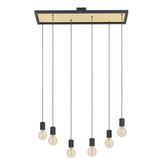 Lampadario A Sospensione Vintage Consett Acciaio Nero Legno 6 Luci E27