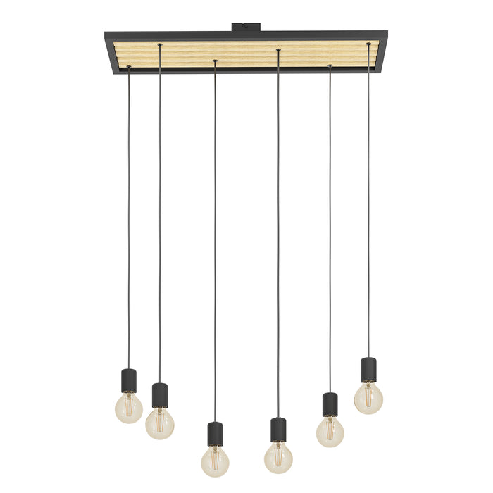 Lampadario A Sospensione Vintage Consett Acciaio Nero Legno 6 Luci E27