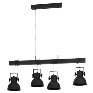 Lampadario A Sospensione Vintage Shirebrook Acciaio Nero Legno 4 Luci E27