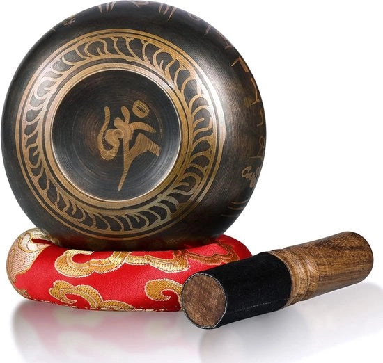 Set di Campane Tibetane, 12 cm. Campana Himalaya Grande serie di campane artigianali a mano con martelletto e cuscino, cuscino per campane per yoga/meditazione/terapia del suono/relaxazione secondo la tradizione tibetana