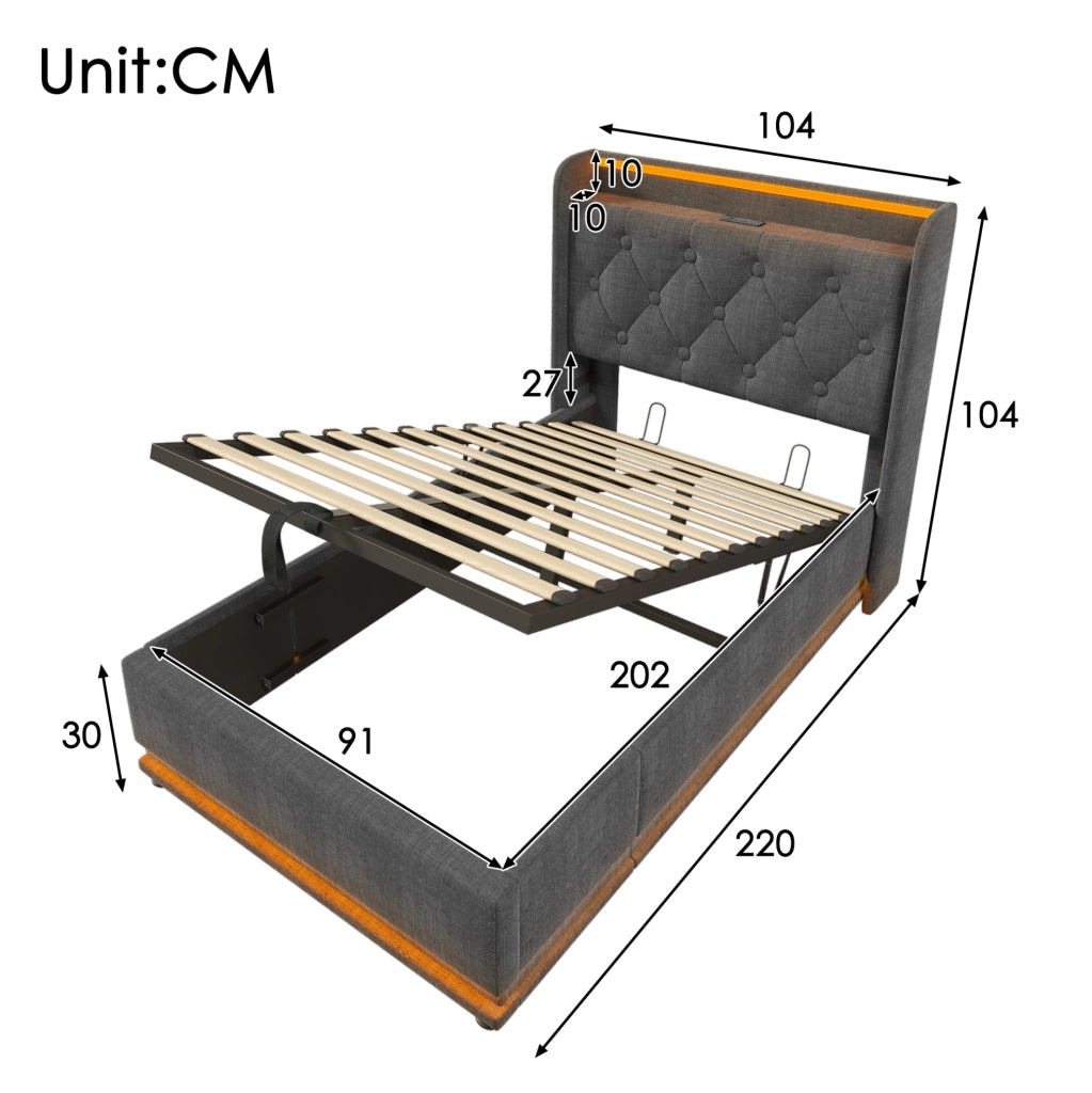 Letto singolo 90x200 cm in lino grigio con LED 360掳; USB e contenitore idraulico