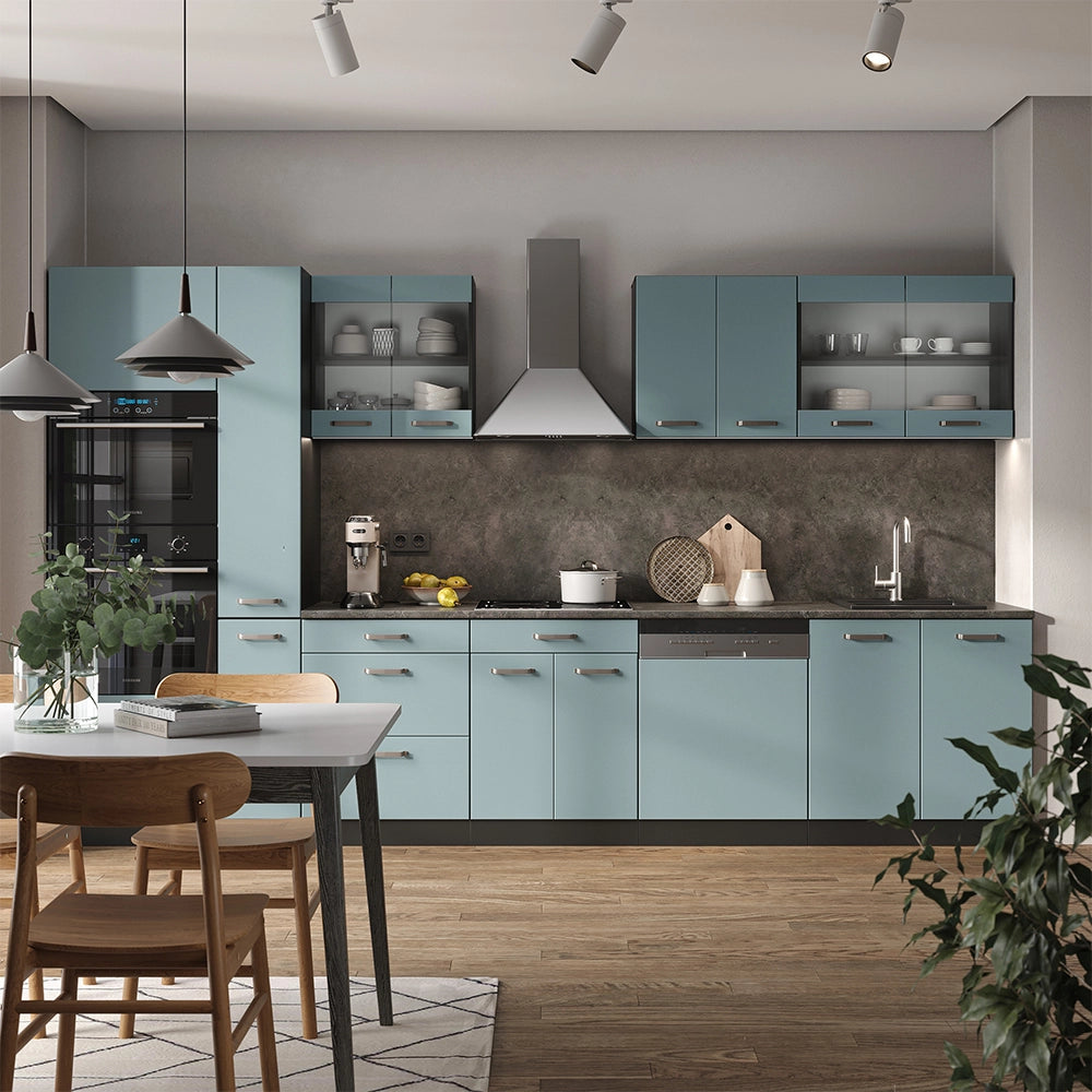 Vicco Cucina componibile Blu-grigio/antracite 350 cm con armadio alto, PL Marmo