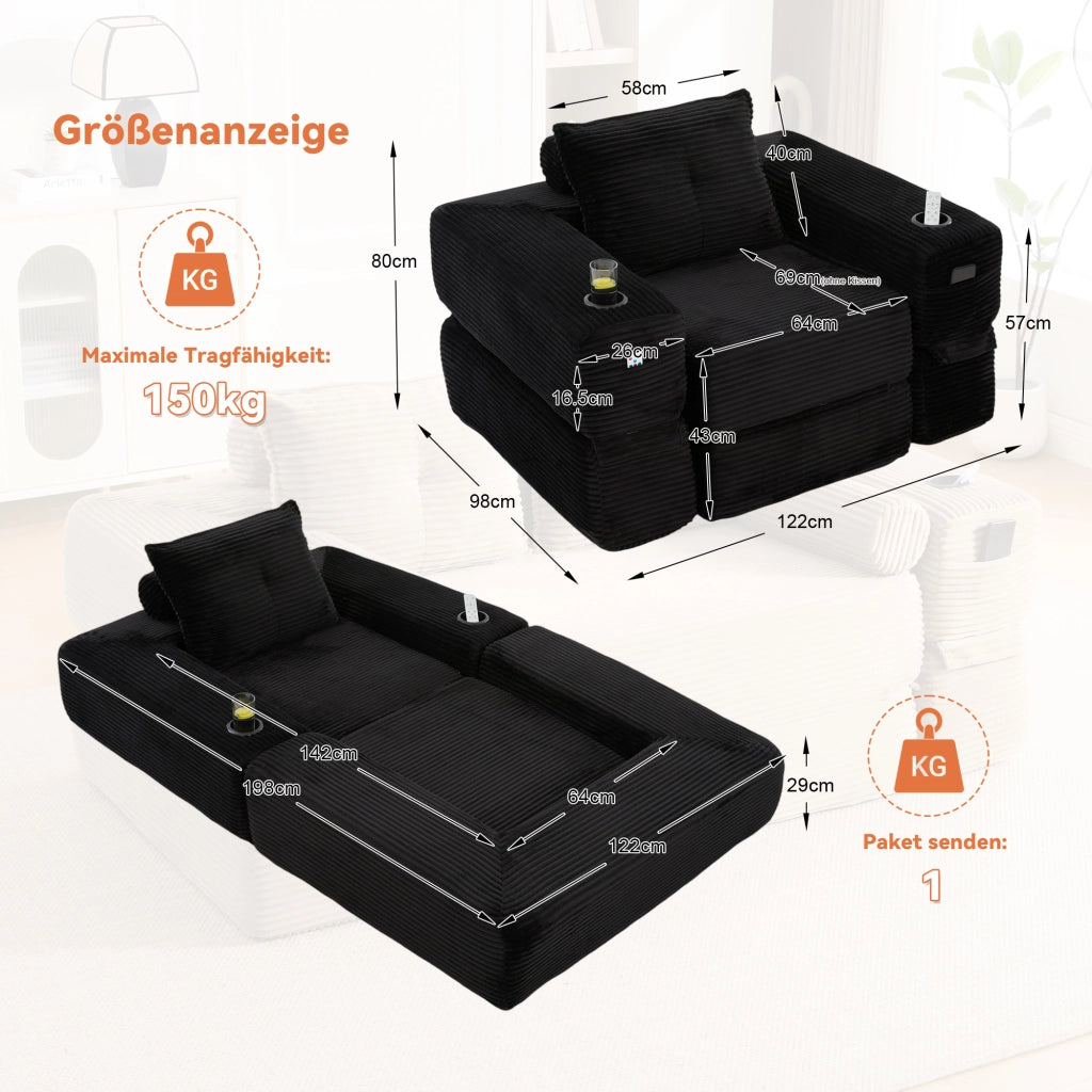 Divano convertibile in velluto a coste con molle, cuscini in memory foam, tasche laterali e portabicchieri nero