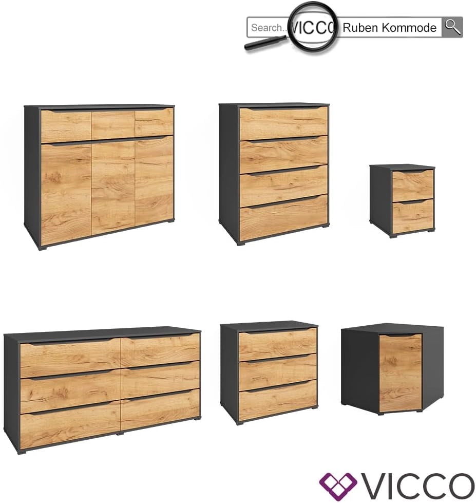 Credenza Ruben, Quercia dorata, 40.2 x 53.6 cm con cassetti, adatto come comodino per letti boxspring