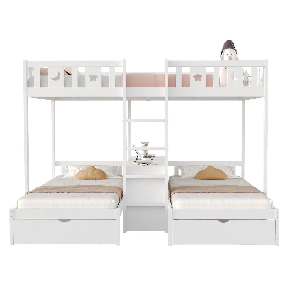 Letto a Soppalco con Scala, Cassetti e Contenitore ¨C Xylo ¨C Massello Bianco 90x200 / 140x200