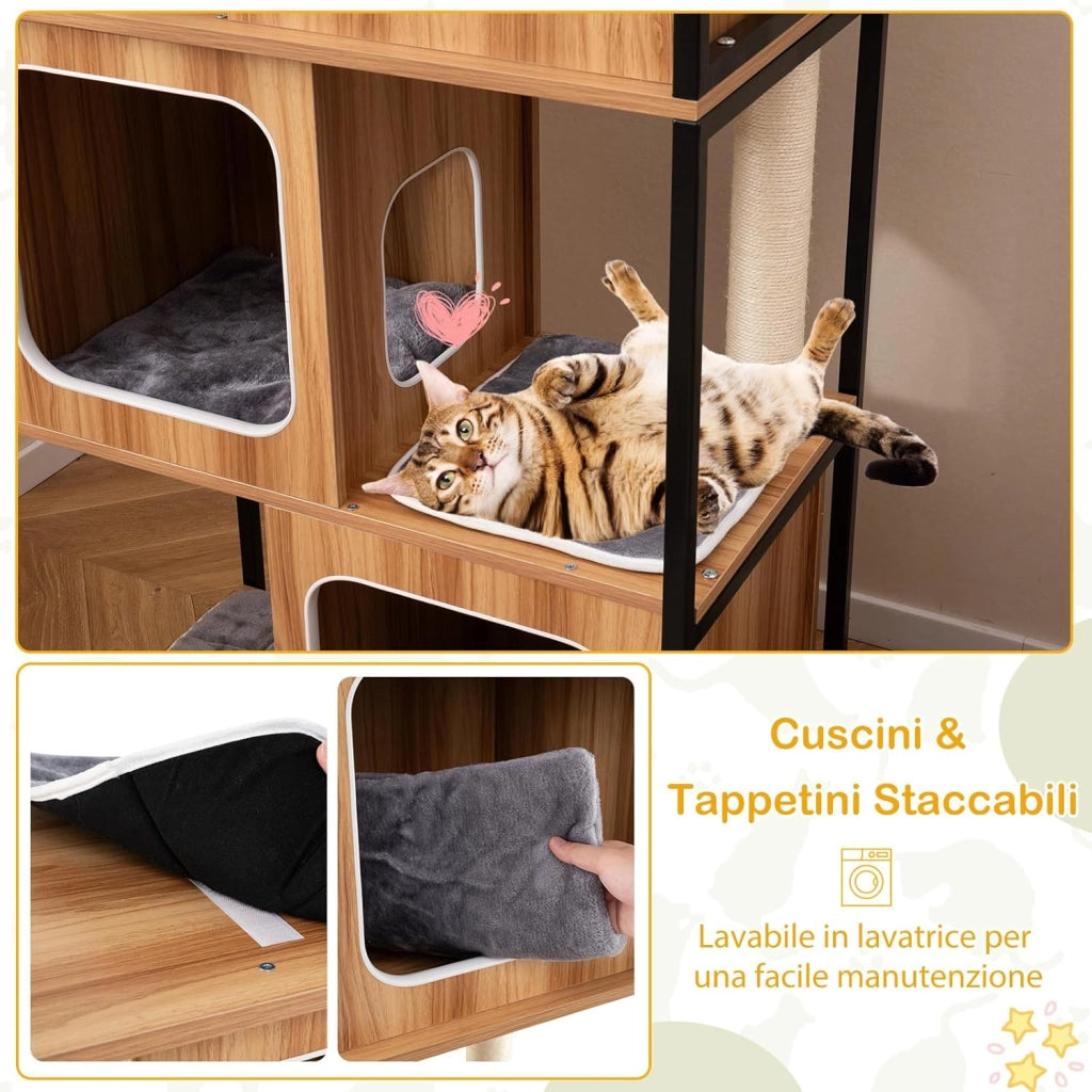 Tiragraffi per Gatti con Struttura in Metallo 75 x 45 x 133cm, Torre Moderno da Interno con Piattaforma Superiore Imbottita, Cuscini Rimovibili e Tiragraffi, Mobile per Animali Domestici