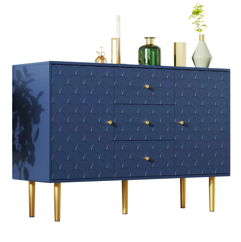 Credenza 120x40x83 cm con 2 ante; 3 cassetti e ripiano regolabile in legno e metallo blu navy