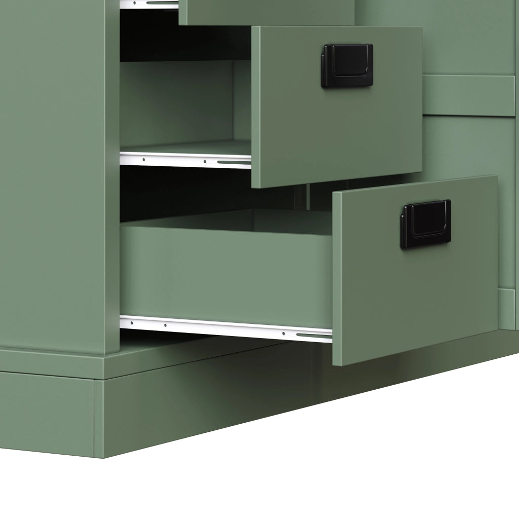 Credenza alta con vetrina, 6 cassetti e ante doppie, per cucina, in MDF e metallo, verde, 140 × 40 × 185 cm