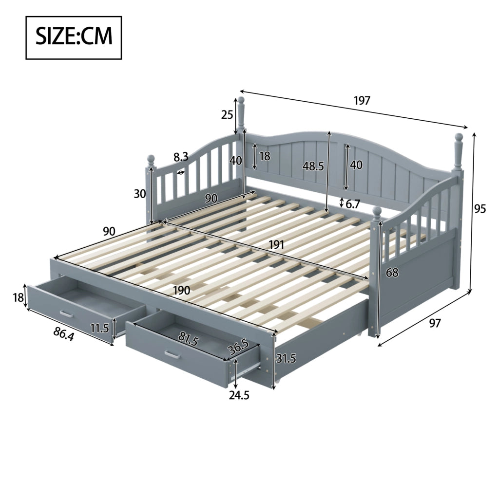 Divano letto estraibile 90/180x190 cm in legno grigio