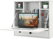 Tavolo da Parete Pieghevole in Legno Con Ripiani e Cassetti, Scrivania per Computer, Montaggio a Parete, 60 x 15 x 57 cm (Bianco)