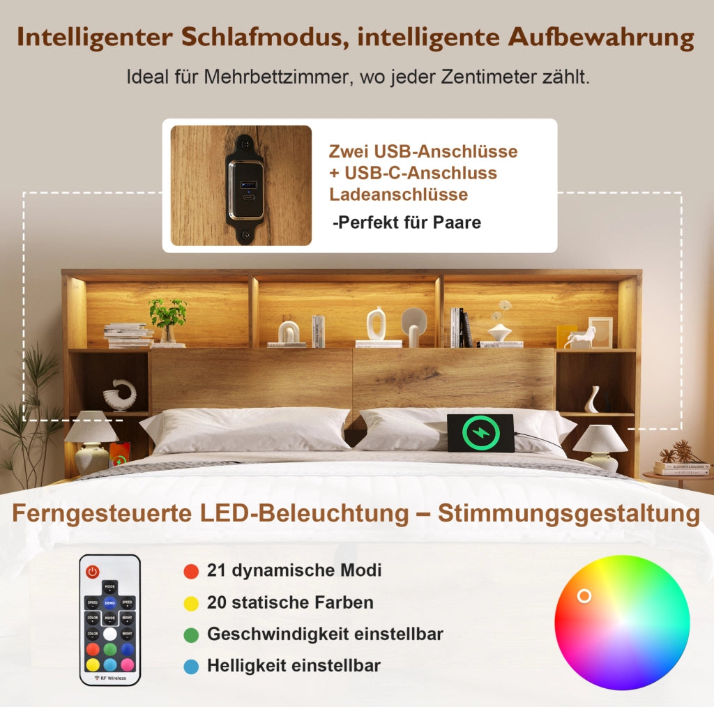 Letto matrimoniale contenitore 160x200 cm in effetto rovere; con LED; USB e materasso