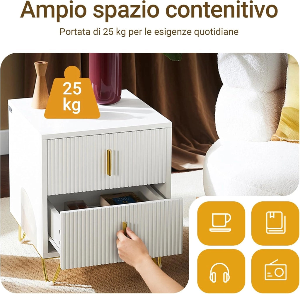 Set di 2 Comodino Camera da Letto - Comodino con 2 Cassetti, Tavolino Salotto - Moderna Cassettiera L40 x P40 x A47 cm Bianco FBT115-Wx2