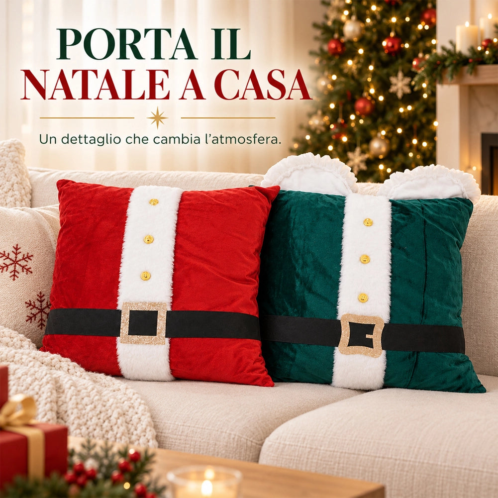 Set 2 Cuscini Babbo Natale Lui e Lei Decorazione 42x42cm Natalizio Verde e Rosso