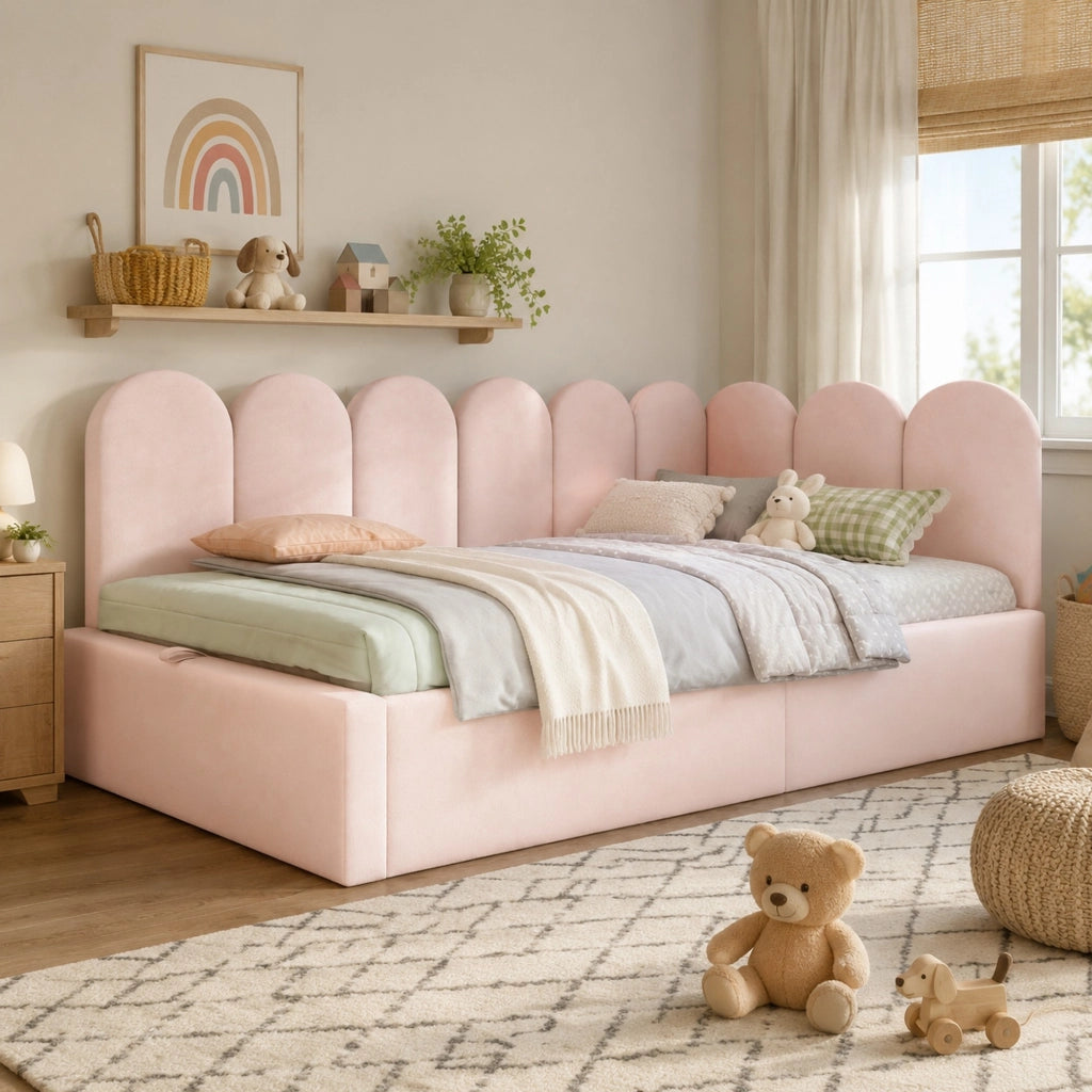 Letto da giorno imbottito 90x190 cm con contenitore idraulico, rete in metallo, velluto rosa, senza materasso