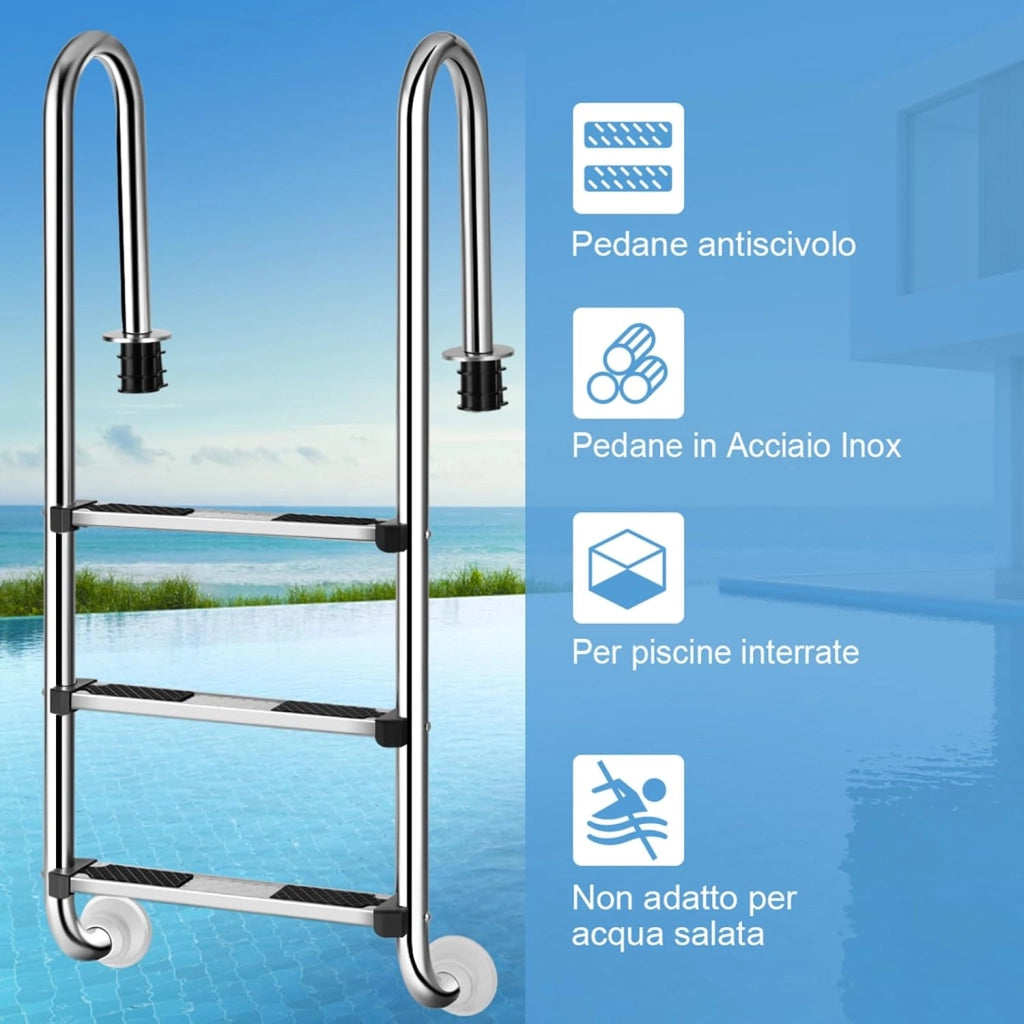 Scaletta di 3 Gradini per Piscina, Scaletta Piscina in Acciaio Inox, con Pedane Antiscivolo, 55 x 25 x 132,5 cm, Capacità di Carico 150 kg