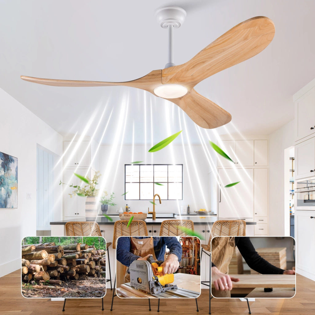 Ventilatore da soffitto da 52 pollici con luce LED; telecomando e 3 pale in legno massello
