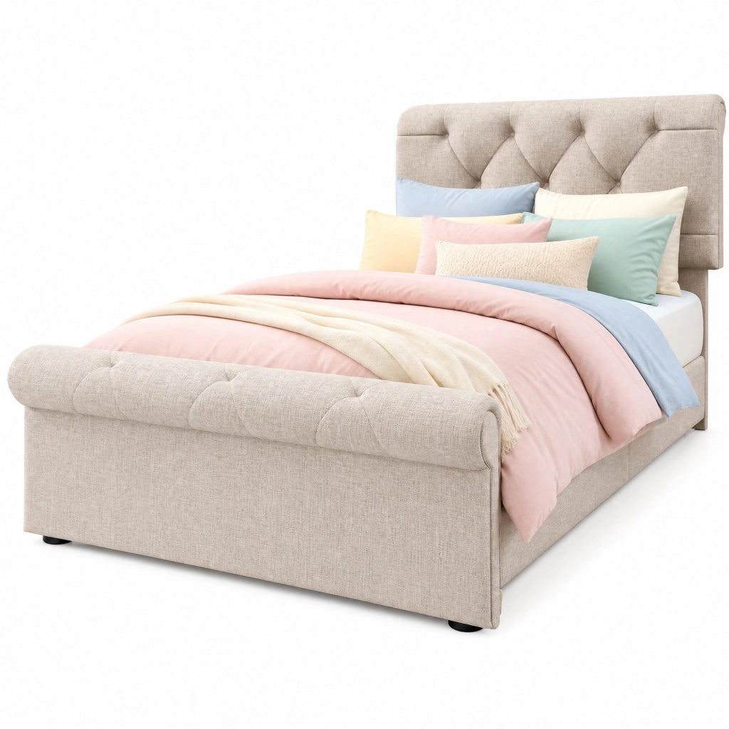 Letto singolo imbottito 90x200 cm con materasso, 2 cassetti, testiera regolabile, colore naturale