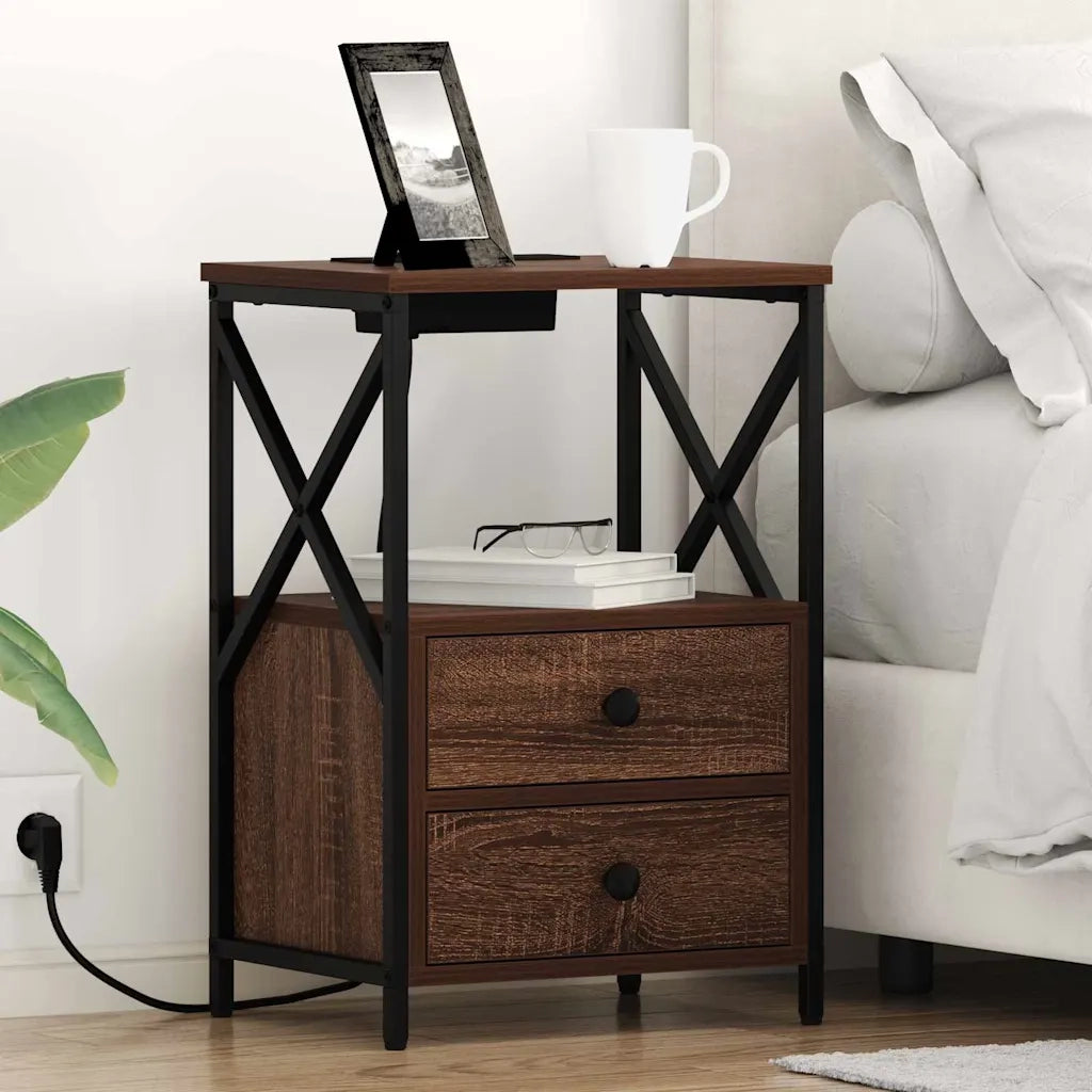 vidaXL Comò con stazione di ricarica con cassetto 2 pcs Rovere marrone