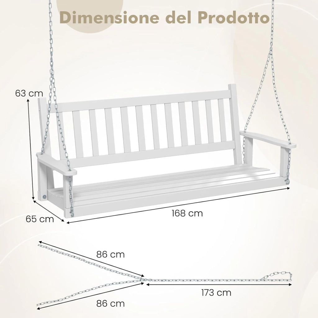 Altalena da Giardino in Legno per 3 Persone, Panchina Sospese in Legno con Capacità di Peso di 360 kg, Sedia a Dondolo per Giardino, Cortile (168 x 65 x 63 cm, Bianco)