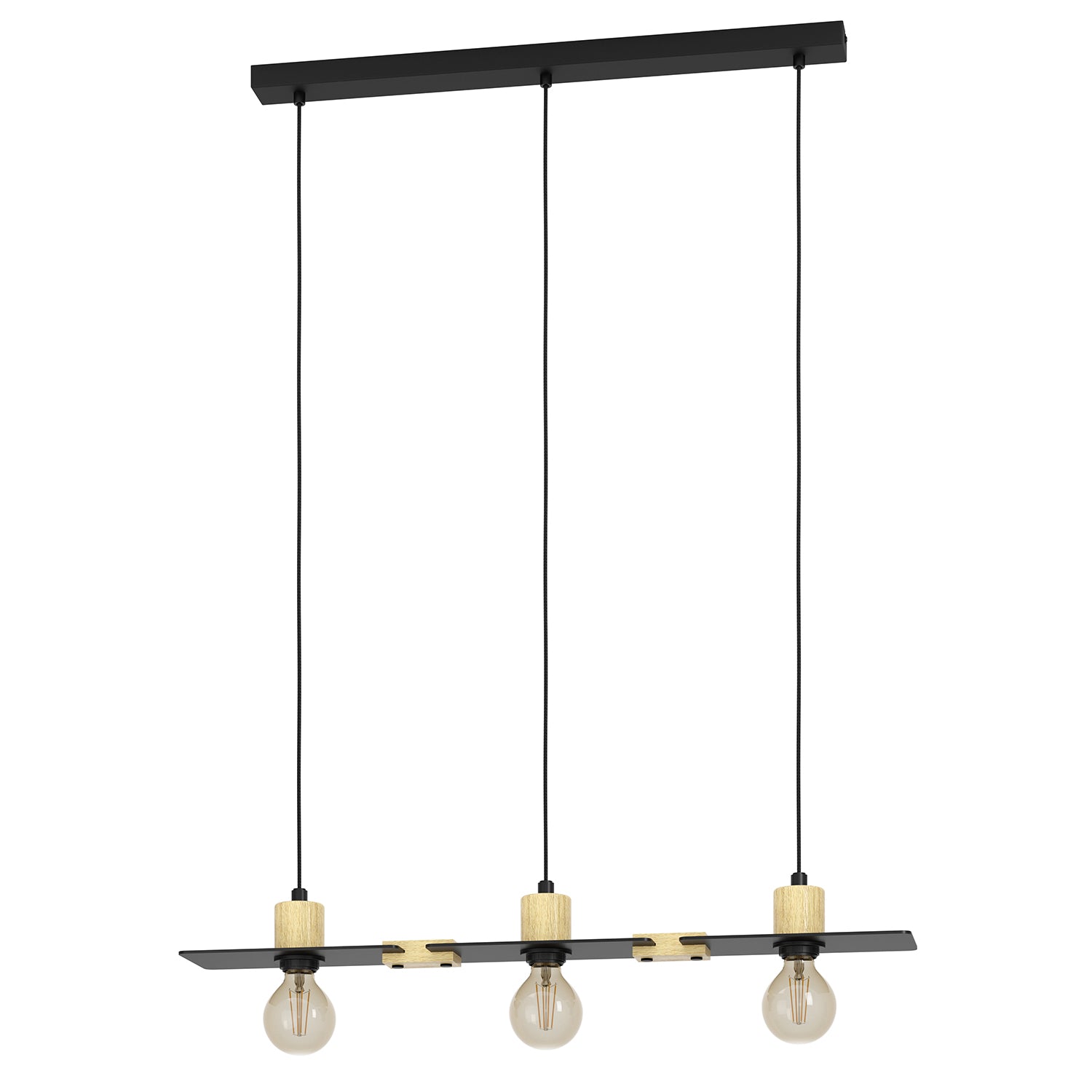 Lampadario A Sospensione Vintage Bramerton Acciaio Nero Legno 3 Luci E27