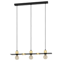Lampadario A Sospensione Vintage Bramerton Acciaio Nero Legno 3 Luci E27