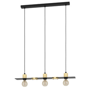 Lampadario A Sospensione Vintage Bramerton Acciaio Nero Legno 3 Luci E27