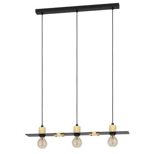 Lampadario A Sospensione Vintage Bramerton Acciaio Nero Legno 3 Luci E27