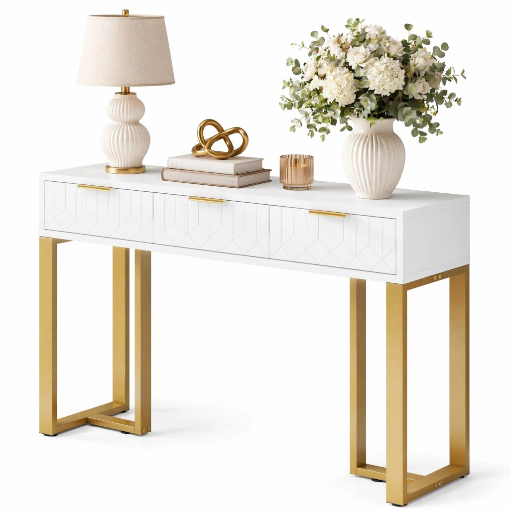 Consolle con cassetti; finitura laccata; in MDF; bianco oro