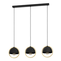 Lampadario A Sospensione Vintage Callow Acciaio Nero Legno 3 Luci E27